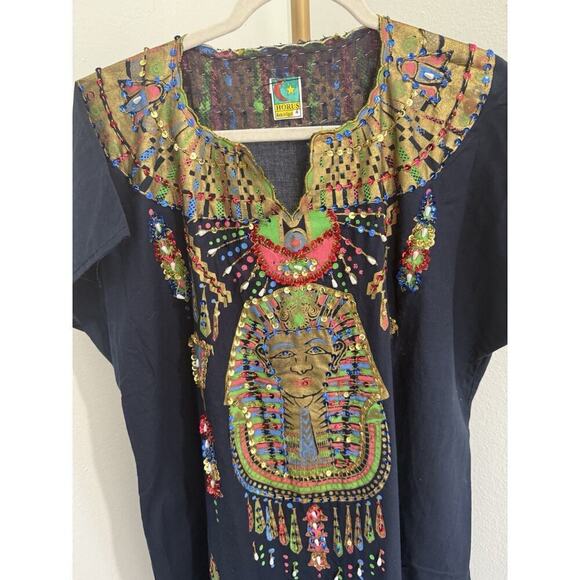 Horus Vintage Egyptian kaftan Robe, Black/ Gold Nefertiti/ Tutankhamun Design 4 - Picture 2 of 10